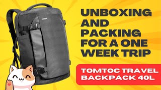40L TOMTOC TRAVEL BACKPACK, UNBOXED AND PACKED FOR A 1-WEEK TRIP