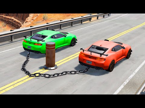Chained Cars Vs Bollard BeamNG.Drive