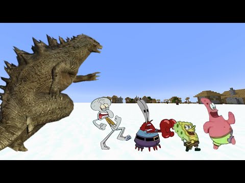 Squidward, SpongeBob, Mr. Krabs, and Patrick run away from Godzilla