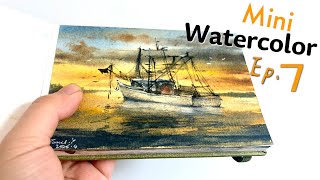 Romantic Sunset Glow, Resting Fishing Boats – Another Day Healed by Watercolor. Mini Watercolor Ep.7