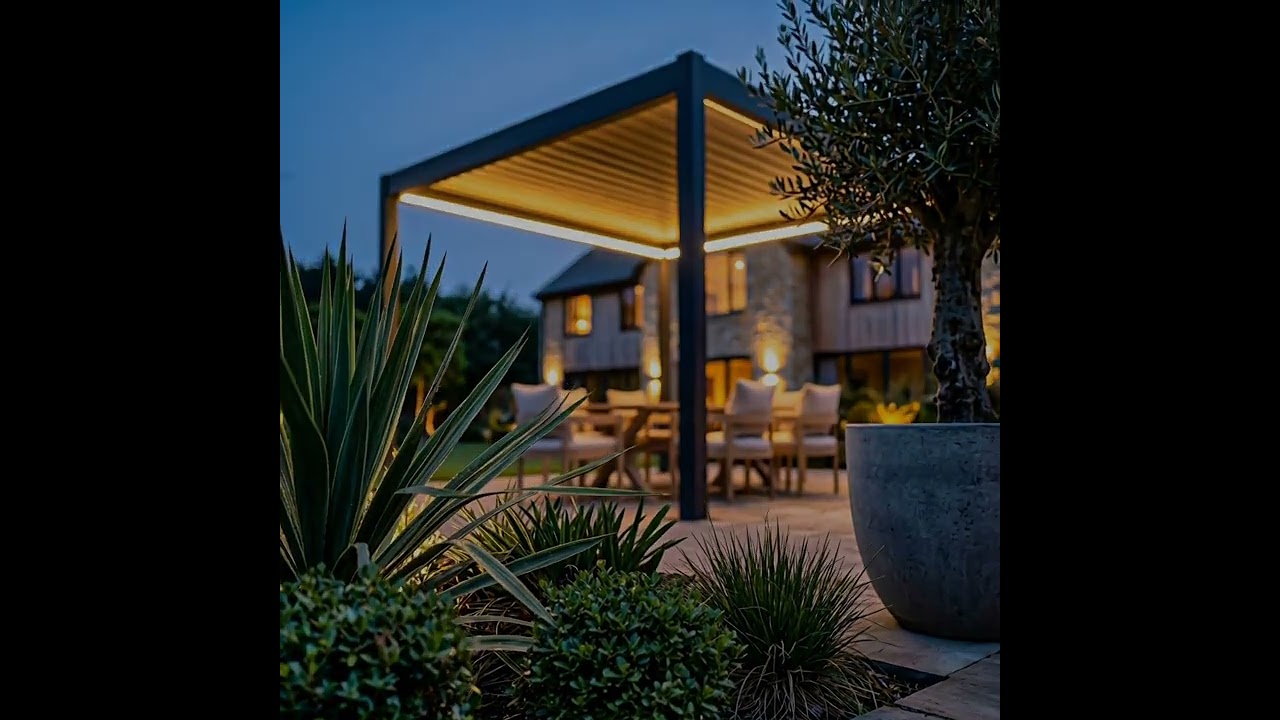 3 x 3m Heavy Duty Aluminium Charcoal Automatic Louvred Pergola with LED Lighting & 2 Textilene Side Panels