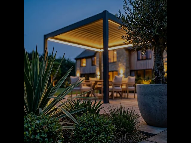 3 x 3m Heavy Duty Aluminium Charcoal Automatic Louvred Pergola with LED Lighting & 2 Textilene Side Panels