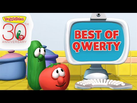 VeggieTales characters, a cucumber and tomato, look at a computer monitor displaying 'BEST OF QWERTY' for the 30th anniversary logo in the corner.