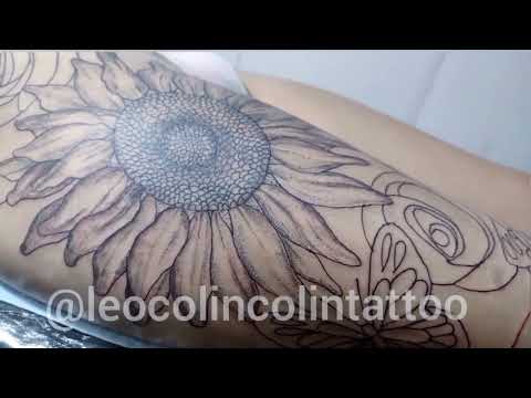 Tatuagem de borboleta rosa com girassol Linhas finas Whip Shading Leo Colin Colin Tattoo