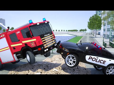 Fire Truck Frank Stuck in a Mud but Police Car Lucas pushes it out