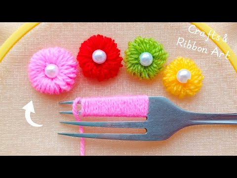 It's so Beautiful 💖🌟 Super Easy Woolen Flower Making Idea with Fork - DIY Hand Embroidery Flowers