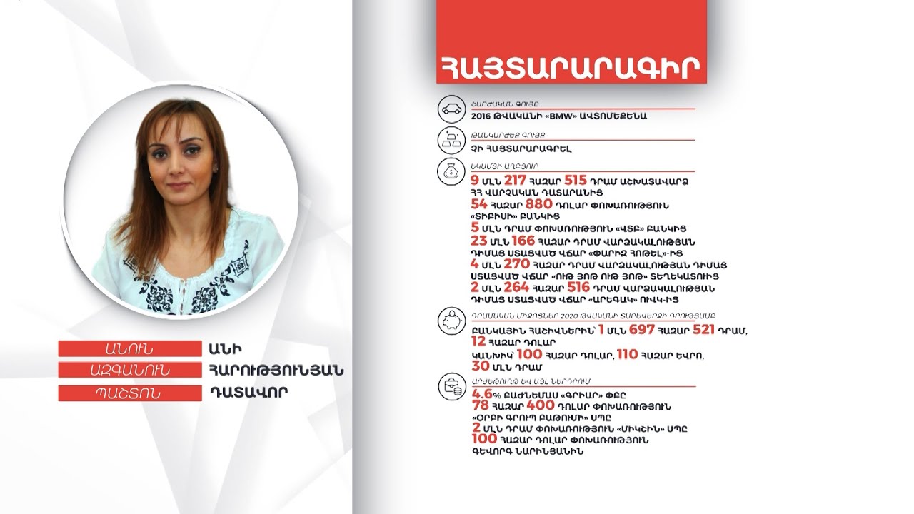 Դատավոր Անի Հարությունյանի գույքի և եկամուտների հայտարարագիրը