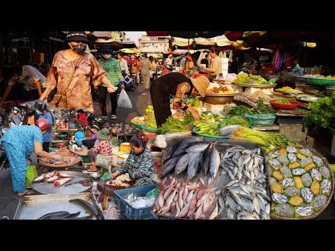 Evening Street Market Scene @Chbar Ampov - Plenty Fresh Rural Vegetable, Seafood, River Fish & More