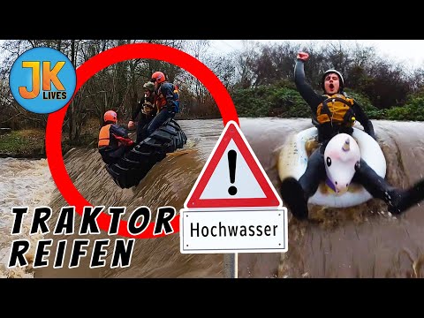 Wildwasserrafting mit TRAKTORREIFEN I Schwarzbach bei Hochwasser I JK lives