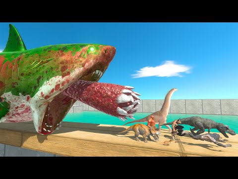 Dinosaurs and Fantasy Falling Into Green Zombie Megalodon Tank - Animal Revolt Battle Simulator
