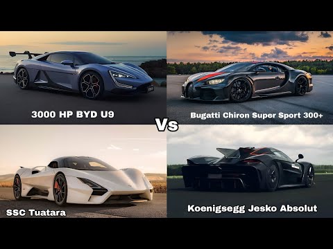 3000 HP BYD U9 Vs Jesko Absolut Vs SSC Tuatara Vs Chiron Super Sport 300+ Acceleration Comparison 
