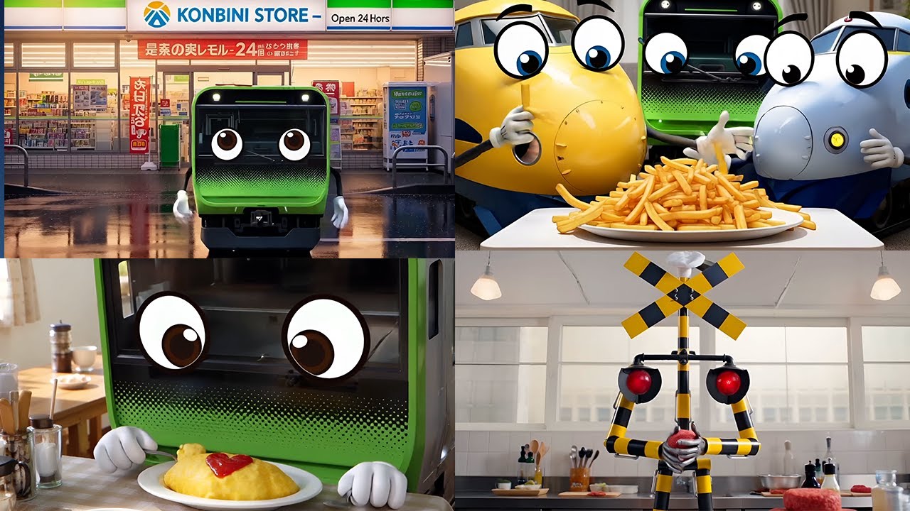 電車がコンビニバイトしてる件 & 料理 & プラレールとAIで変形実験【シュールな電車 新幹線 踏切アニメ】