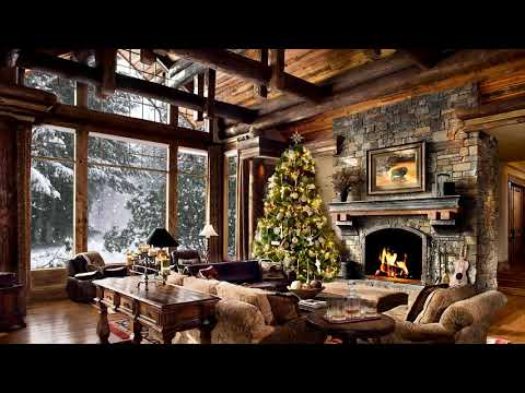 HD Christmas Tree Log Cabin Screensaver Scene - fire crackling sound - Cosy living room Snow falling
