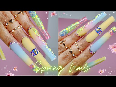 WATCH ME DO MY NAILS/ COLORFUL SPRING NAILS/ LONG COFFIN NAILS/ ACRYLIC NAILS/ NAIL TUTORIAL