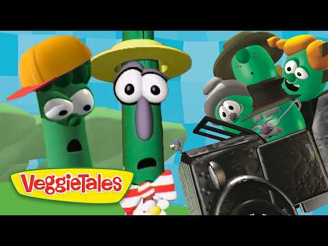 VeggieTales characters—green beans wearing hats—peering from a vintage car, with the VeggieTales logo in the corner against a bright blue background.
