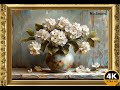 Vintage Frame TV Art featuring delicate white floral hydrangeas. No Sound 2 hours.