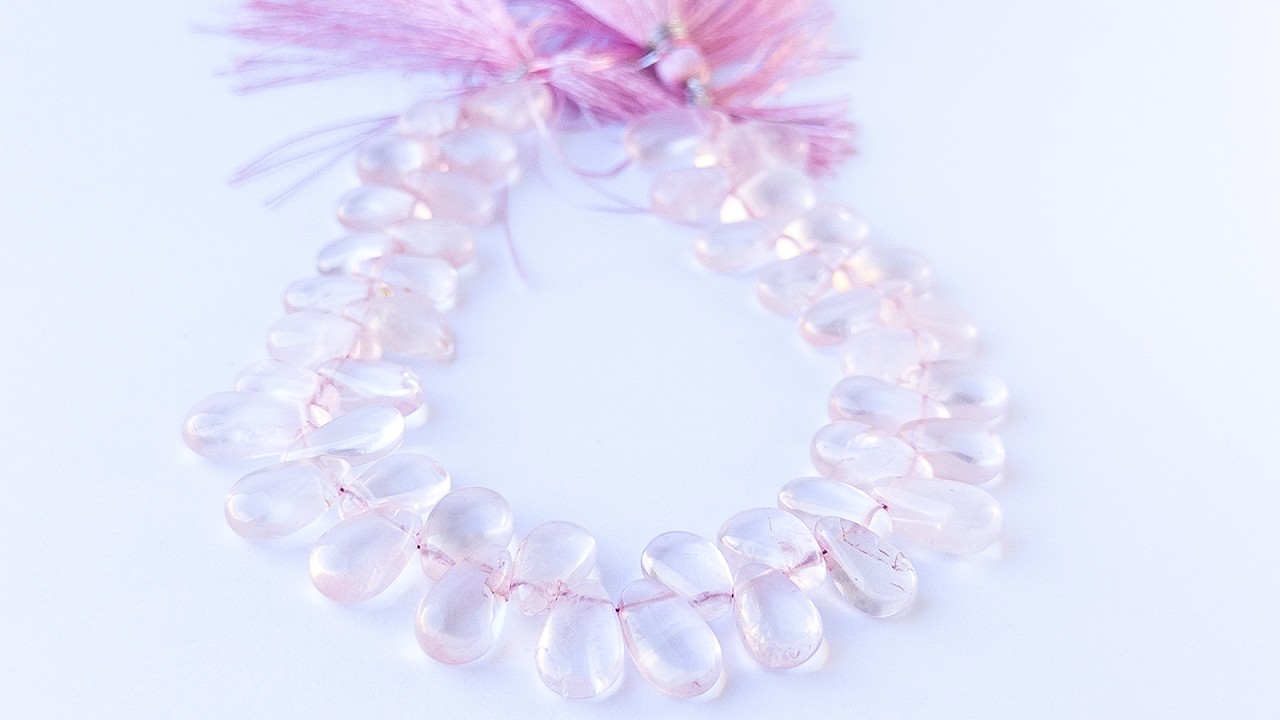 Rose Quartz | Smooth Briolette | 8-8.7mm Bead Size | 23cm Strand Length video