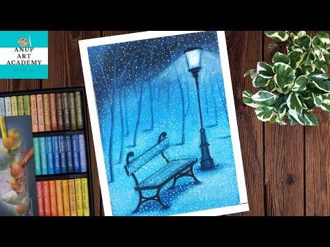 Easy Winter Snowfall Scenery Drawing for Beginners with Oil Pastels /Snowfall scenery step by step