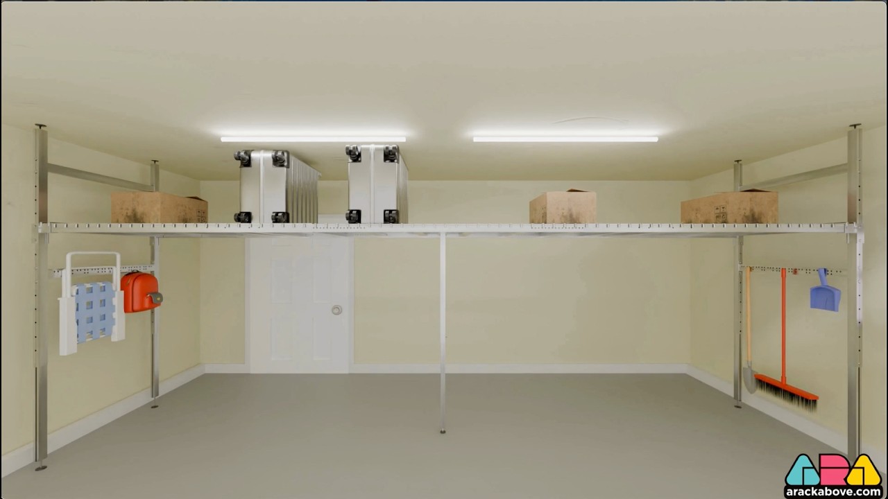 Watch ARackAbove floor-supported overhead garage storage assemble without drilling into the ceiling