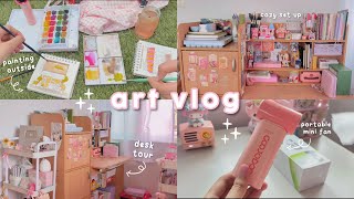 art vlog 🎨 a messy (but real) desk tour 🌸 trying goojodoq mini fan, watercolour painting outdoors 🌅