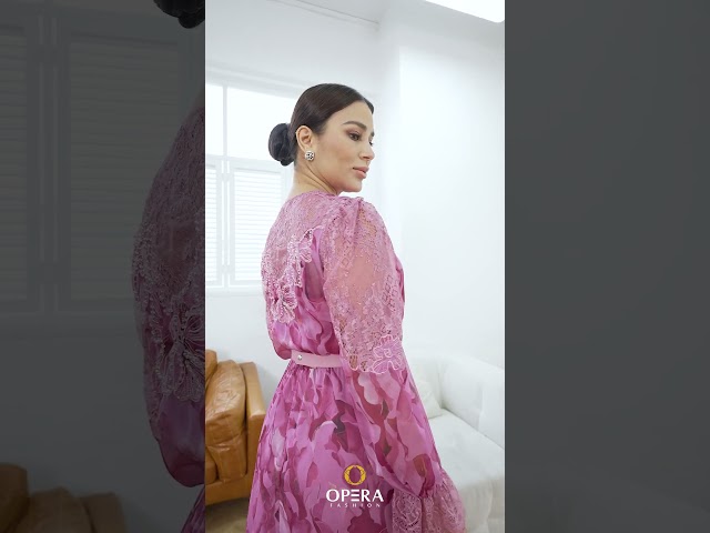 فستان زهري مشجر اكمام طويلة قماش شيفون على تل