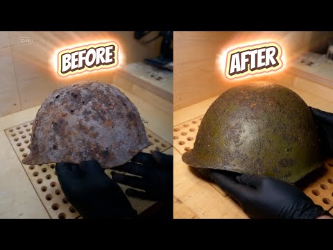 Saving an Original WW2 Soviet SSH40 Helmet from Heavy Rust Full Cleaning and Wax Conservation