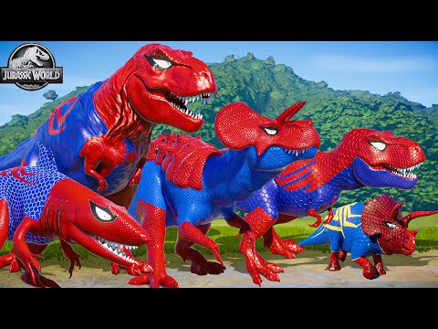 All Spiderman T-Rex vs ALL RED SPIDER-MAN Battle in Jurassic World |Dinosaur Pro SuperHero Team|