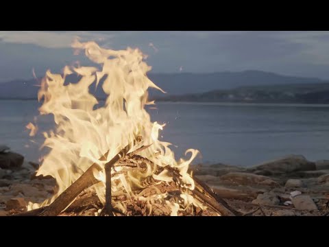 Relaxing campfire by the lake at sunset in 4k Ultra HD, calm deep sleep, stress relief, meditation