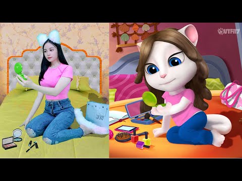 Imitate Angela Make-up into a Beautiful Girl - My Talking Angela 2 In The Real Life