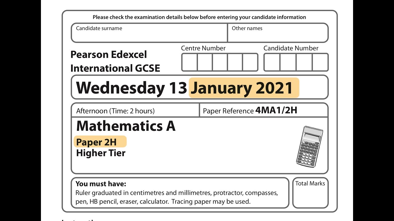 IGCSE Mathematics January 2021 - 4MA1/2H