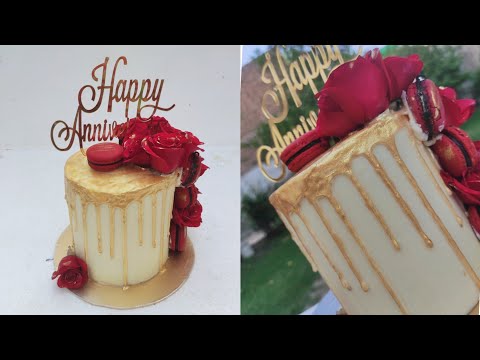how to make tall cake with fresh flowers & macrons|| red&white cake||