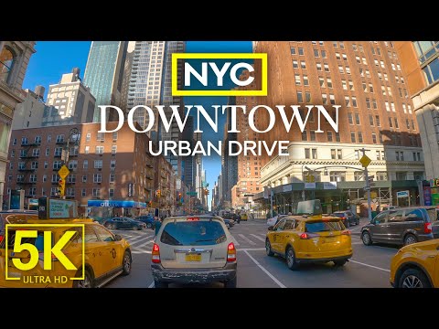 Exploring Downtown New York from Car Window - 5K City Driving Tour with Real Sounds