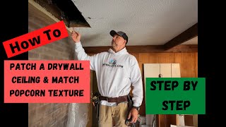 How to patch a drywall ceiling and match popcorn texture by drywalldoc.com