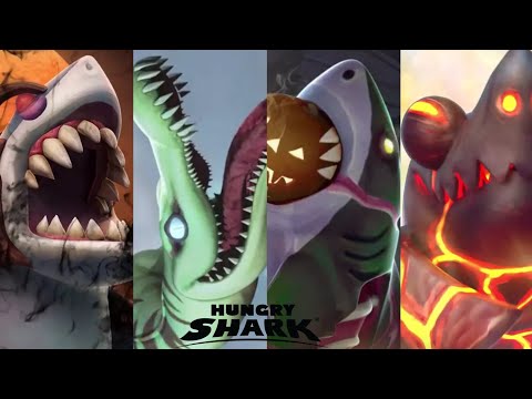 WEREWOLF SHARK, DRAGO (PLIOSAUR)  GHOST SHARK , SHARKELEON ALL SHORTS - Hungry Shark World 10th