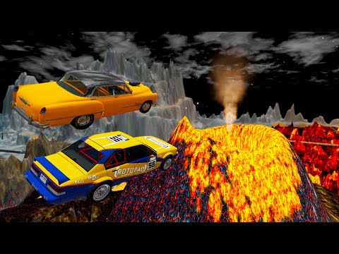 Crazy Jumps Over Volcano In Hot Lava Pool (Crash Test) - BeamNG.drive Car Jumps Into Hot Lava