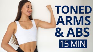 15 MIN TONED ARMS AND ABS WORKOUT & STRETCH | Shoulders, Arms, Back & Abs | Water Bottles