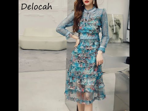 , title : 'Delocah Summer Women Fashion Designer Party Midi Dress Long Sleeve Ruffles Sequined Printed Ladies'