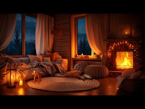 Cozy Living Room Thunderstorm Ambiance - Warm Crackling Fireplace, Rain & Sleeping Cat