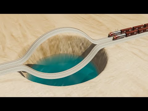 Impossible Giant Pit Double Wave Rail Tracks Vs Train Crossing Big Mistake - BeamNG.Drive