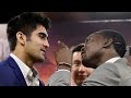 Indian boxer Vijender Singh (L) with Francis Cheka during a press conference, in New Delhi