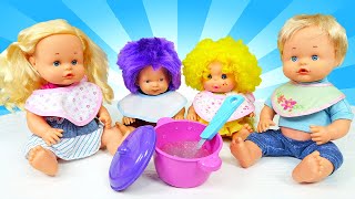 Irene und Puppen im Puppen Kindergarten. Wir essen zu Mittag. Puppen Video für Kinder