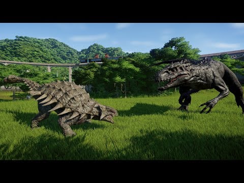 ANKYLOSAURUS VS I-REX,T-REX,CARCHARODONTOSAURUS,INDORAPTOR & SPINOSAURUS JURASSIC WORLD EVOLUTION