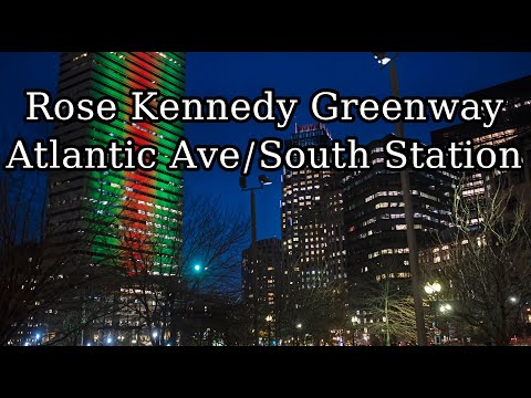 Boston MA Beautiful Rose Kennedy Greenway Holiday Walk  at Dusk, Boston City lights.