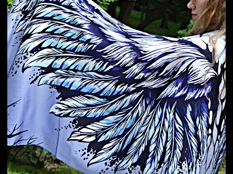 Blue Wings Scarf - 100% silk satin, Elven Clothing, Beach Sarong, Bohemian Shawl, Angel wings