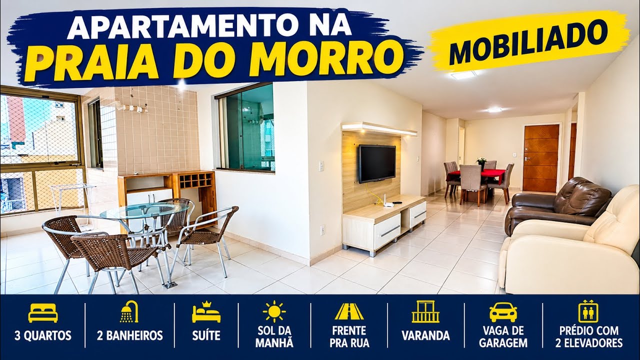 Apartamento na Praia do Morro mobiliado, de frente, 3 quartos, suíte, elevador, varanda e vaga