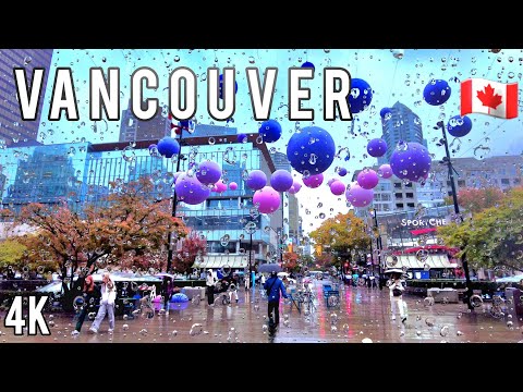 🇨🇦  [4K] 🍁 ⛈️☔️ Downtown Vancouver Walking Tour in The Heavy Rain, Canada