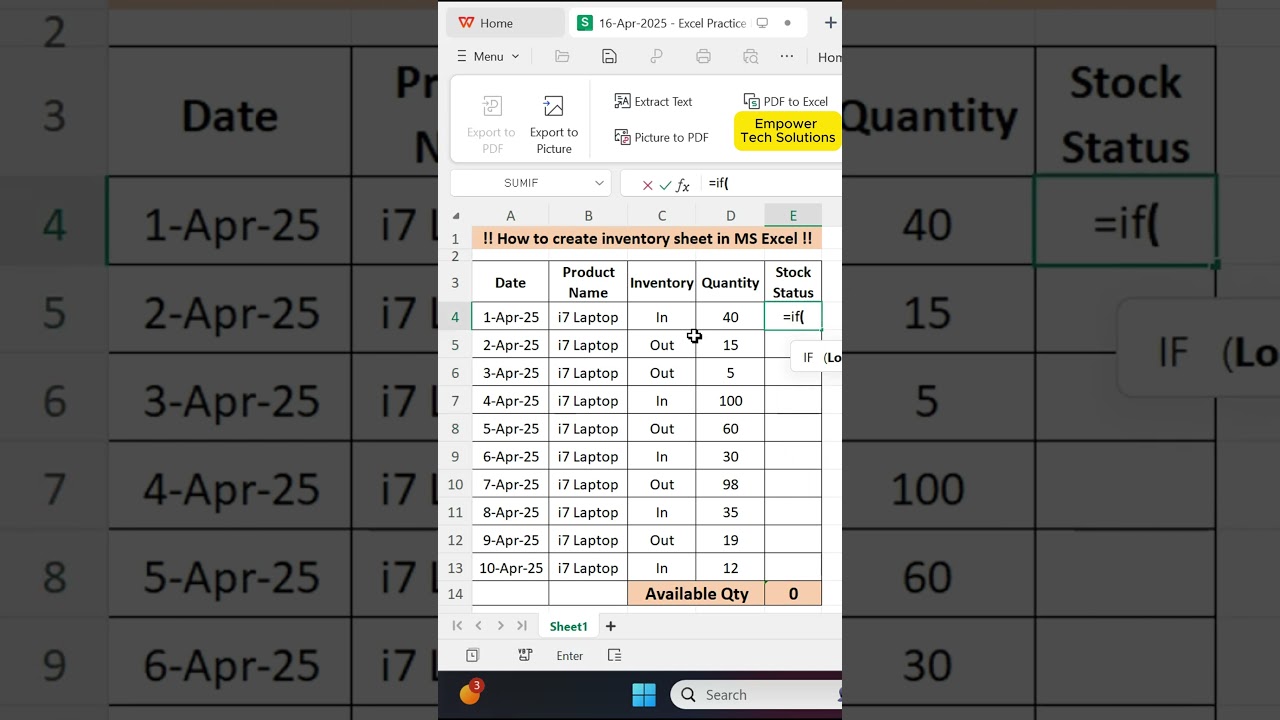 How to create an inventory sheet in MS Excel  | #excel #exceltips #exceltricks #ets #exceltutorial