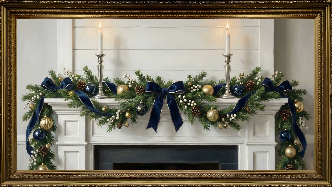 Coastal Christmas Mantel Navy Blue Gold Frame TV Art | 2 Hours 4K — 4K ambient art screensaver in baroque gold frame