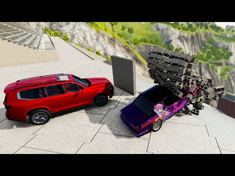 Insane Stairs Jumps Down Through Brick Wall (Crash Test) - BeamNG.drive Down Stairs Jumps