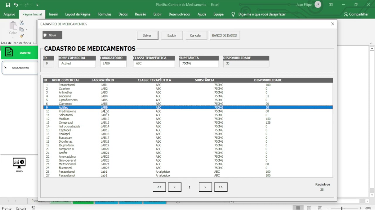 Planilha Controle de Medicamentos - Cadastro